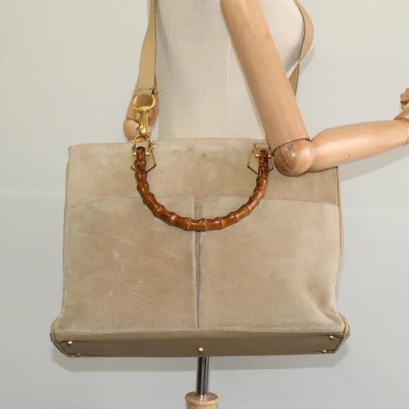 GUCCI Bamboo Hand Bag Suede Leather 2way Beige Gold - Picture 1 of 16